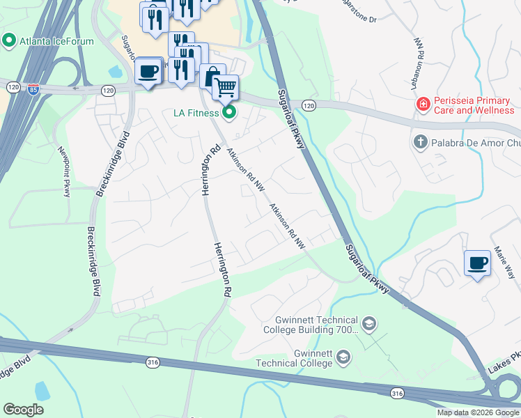 map of restaurants, bars, coffee shops, grocery stores, and more near 1753 Thomas Pointe Trace in Lawrenceville