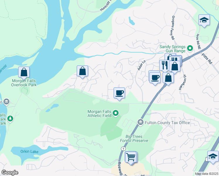 map of restaurants, bars, coffee shops, grocery stores, and more near 604 Coligny Court in Atlanta