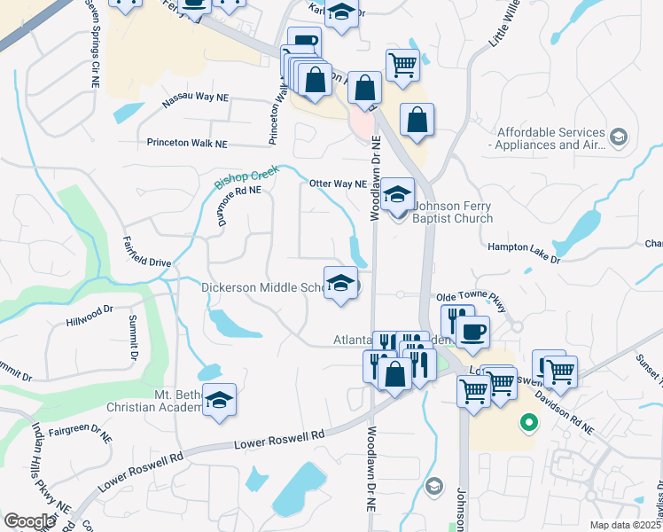 map of restaurants, bars, coffee shops, grocery stores, and more near 4536 Woodlawn Lake Drive in Marietta