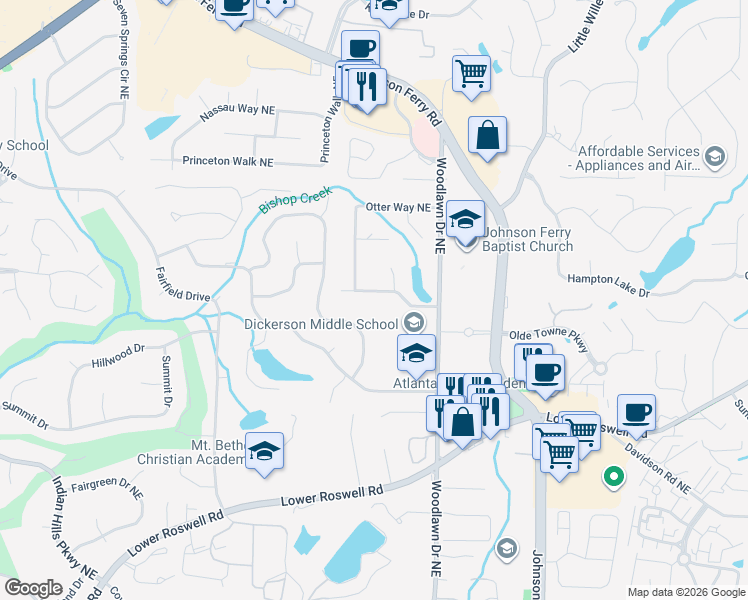map of restaurants, bars, coffee shops, grocery stores, and more near 4524 Woodlawn Lake Drive in Marietta