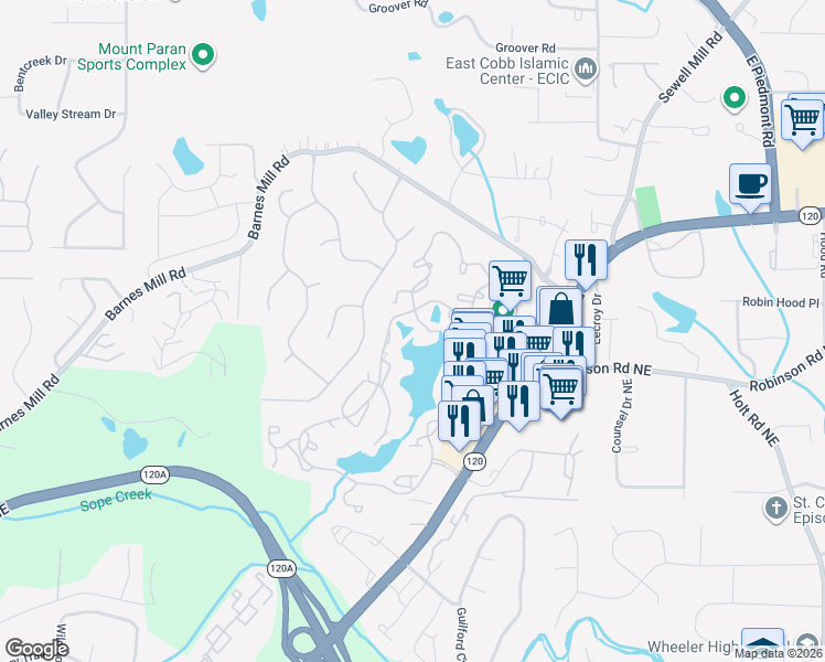 map of restaurants, bars, coffee shops, grocery stores, and more near 652 East Lake Parkway in Marietta