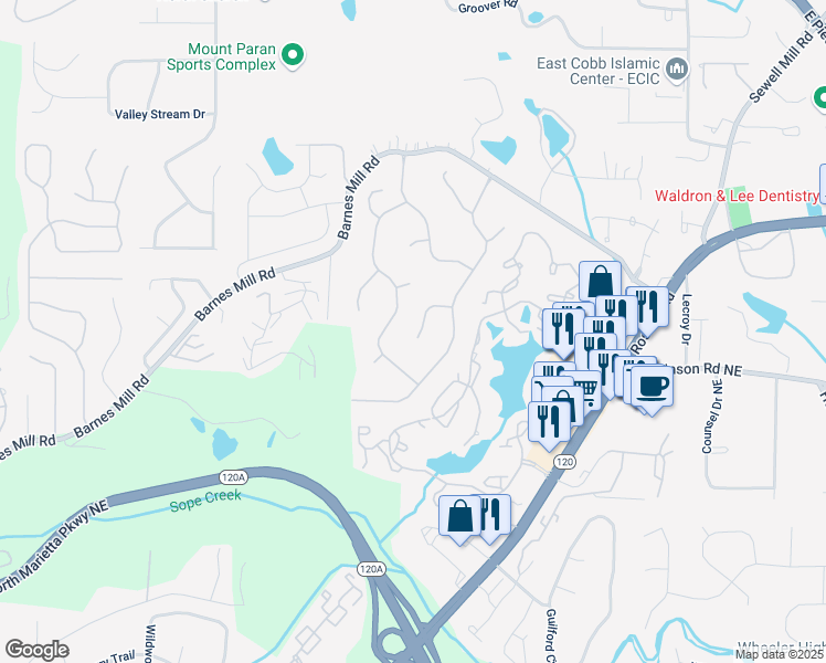 map of restaurants, bars, coffee shops, grocery stores, and more near 1911 Woodmont Court Northeast in Marietta