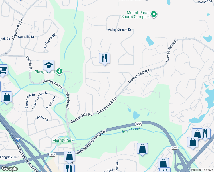 map of restaurants, bars, coffee shops, grocery stores, and more near 775 Barnes Mill Trace Northeast in Marietta