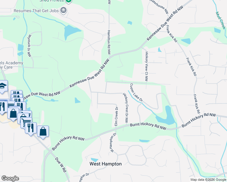 map of restaurants, bars, coffee shops, grocery stores, and more near 3330 Hickory Crest Drive Northwest in Marietta