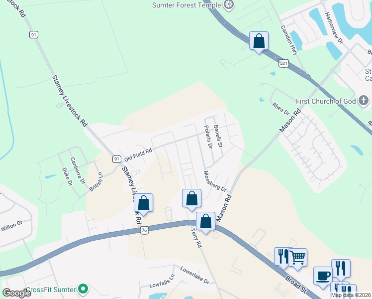 map of restaurants, bars, coffee shops, grocery stores, and more near 1760 Musket Trail in Sumter