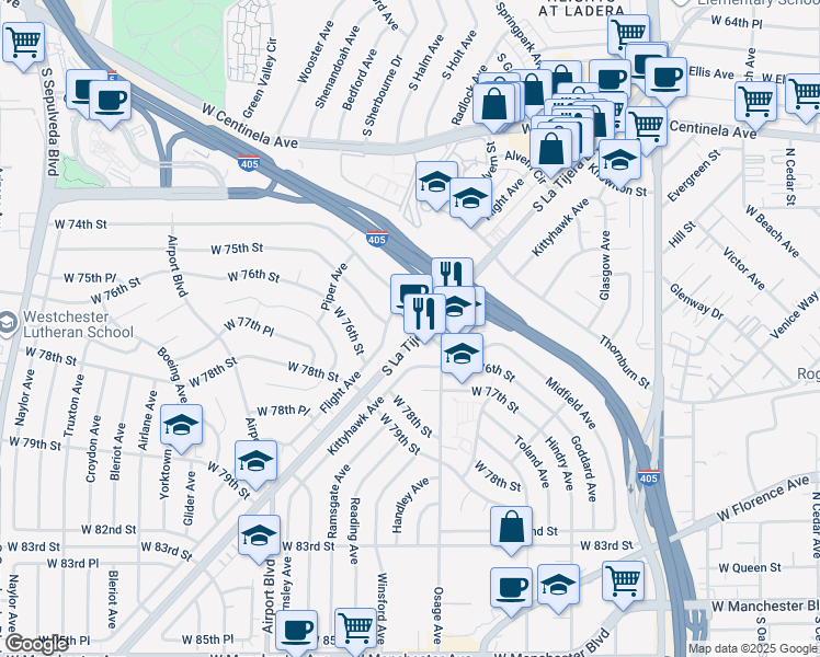 map of restaurants, bars, coffee shops, grocery stores, and more near 7403 La Tijera Boulevard in Los Angeles