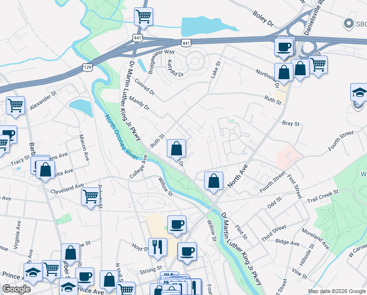 map of restaurants, bars, coffee shops, grocery stores, and more near 120 Artisan Place in Athens
