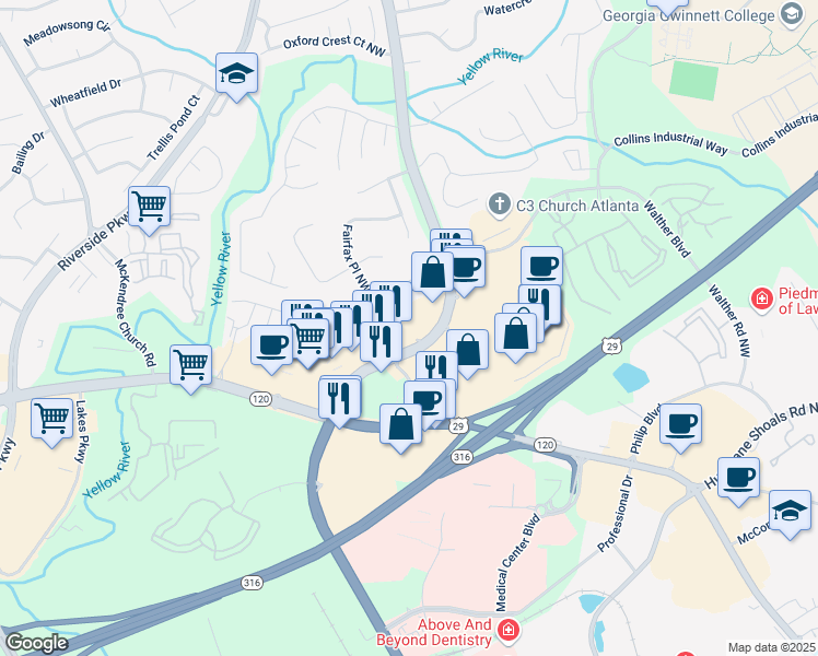 map of restaurants, bars, coffee shops, grocery stores, and more near 850 Lawrence Suwanee Road in Lawrenceville