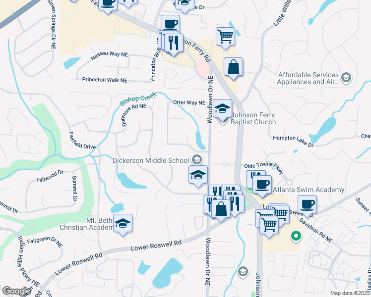 map of restaurants, bars, coffee shops, grocery stores, and more near 4536 Woodlawn Lake Drive in Marietta