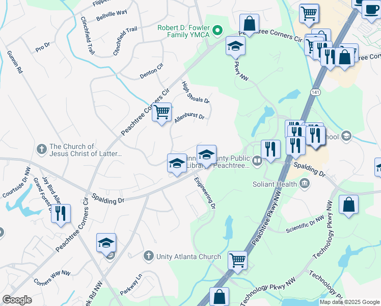 map of restaurants, bars, coffee shops, grocery stores, and more near 5706 Mount Berry Lane Northwest in Norcross
