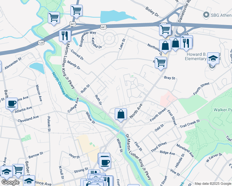 map of restaurants, bars, coffee shops, grocery stores, and more near 189 Marlin Street in Athens