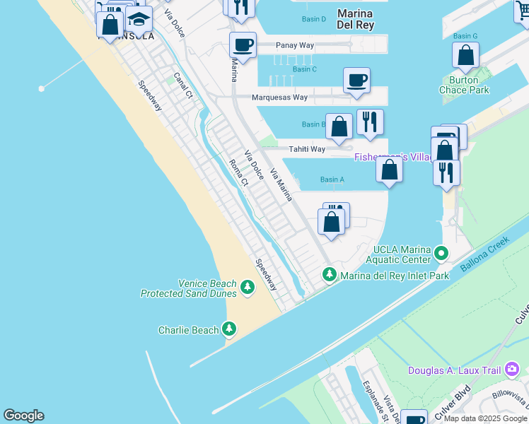 map of restaurants, bars, coffee shops, grocery stores, and more near 4818 Roma Court in Marina del Rey