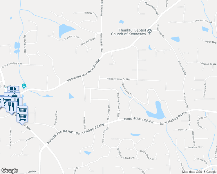 map of restaurants, bars, coffee shops, grocery stores, and more near 3330 Hickory Crest Drive Northwest in Marietta