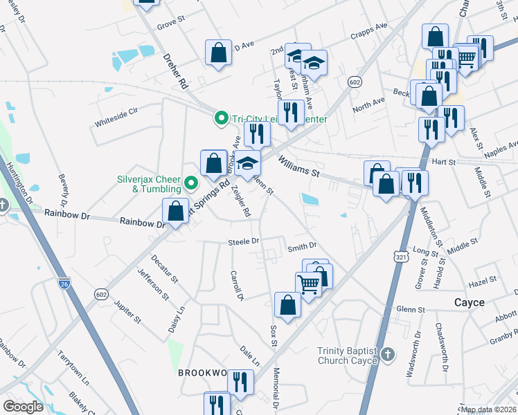 map of restaurants, bars, coffee shops, grocery stores, and more near 846 Sox Street in West Columbia