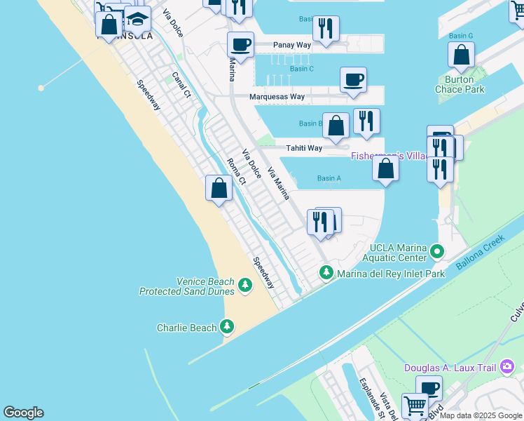 map of restaurants, bars, coffee shops, grocery stores, and more near 130 Spinnaker Court in Marina del Rey