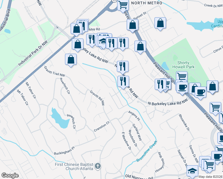 map of restaurants, bars, coffee shops, grocery stores, and more near 4175 Howell Park Road in Duluth