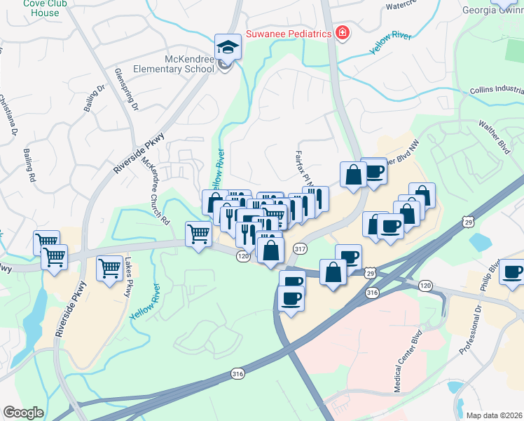 map of restaurants, bars, coffee shops, grocery stores, and more near 1027 Haley Woods Court in Lawrenceville