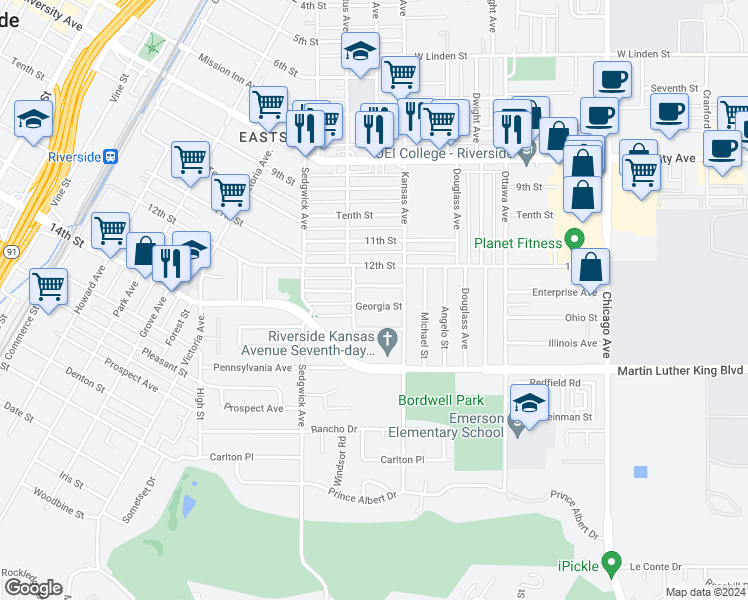map of restaurants, bars, coffee shops, grocery stores, and more near 2221 Georgia Street in Riverside