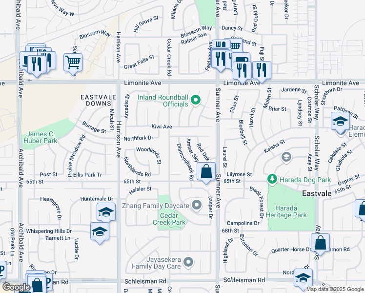 map of restaurants, bars, coffee shops, grocery stores, and more near 6454 Diamondback Road in Corona