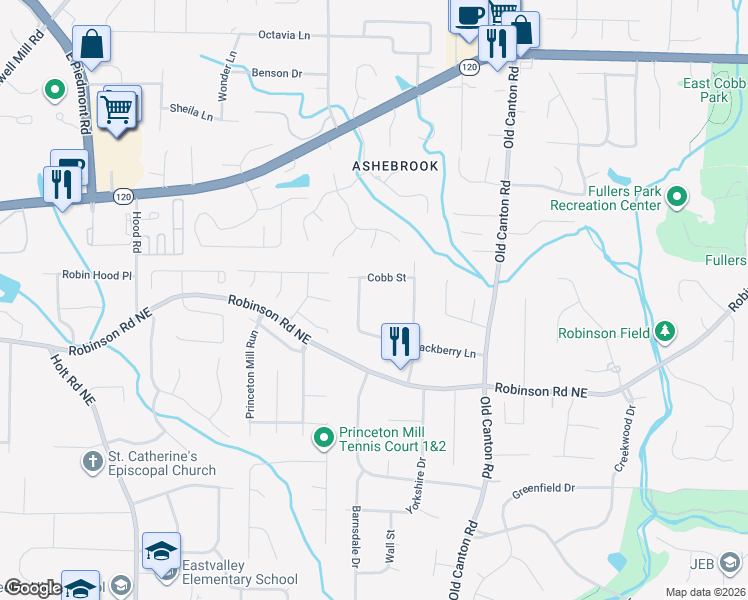 map of restaurants, bars, coffee shops, grocery stores, and more near 2841 Blackberry Lane in Marietta