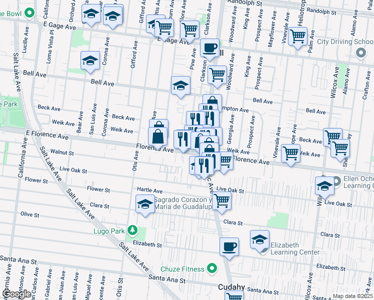 map of restaurants, bars, coffee shops, grocery stores, and more near 4559 Pine Avenue in Bell