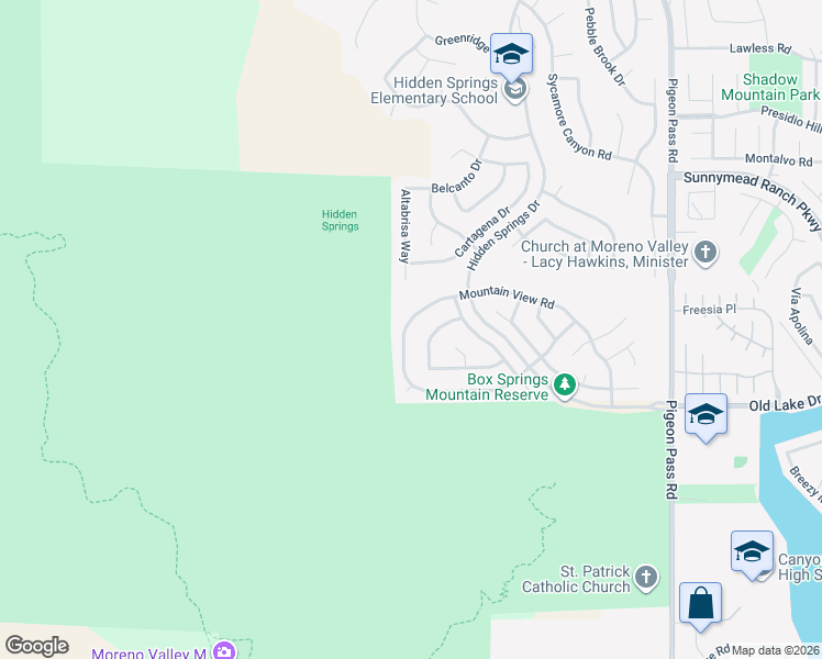 map of restaurants, bars, coffee shops, grocery stores, and more near 22455 Mountain View Road in Moreno Valley