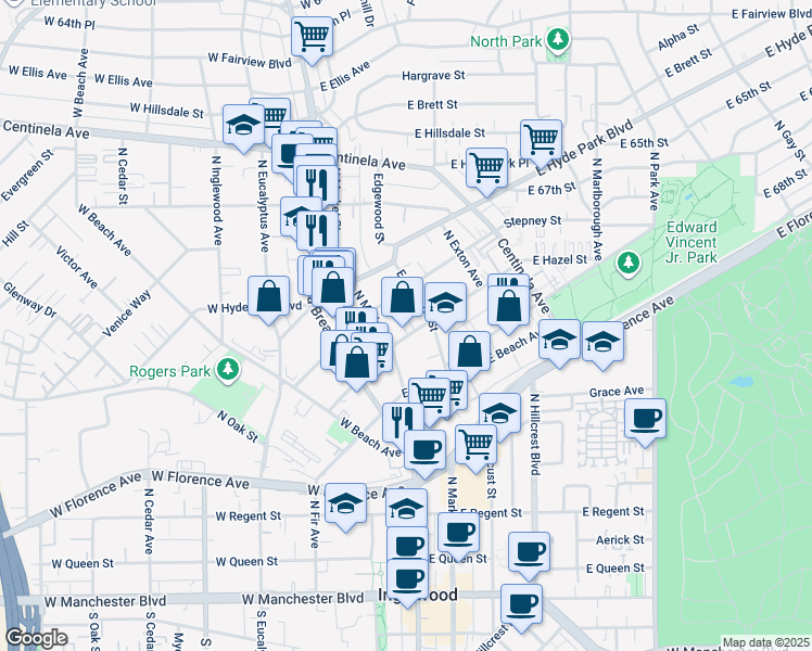 map of restaurants, bars, coffee shops, grocery stores, and more near 217 East Hazel Street in Inglewood