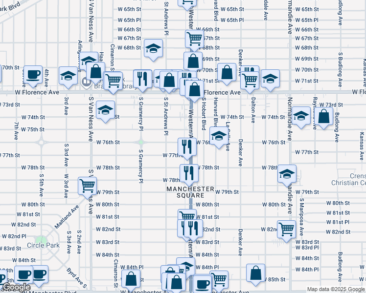 map of restaurants, bars, coffee shops, grocery stores, and more near 1816 West 76th Street in Los Angeles