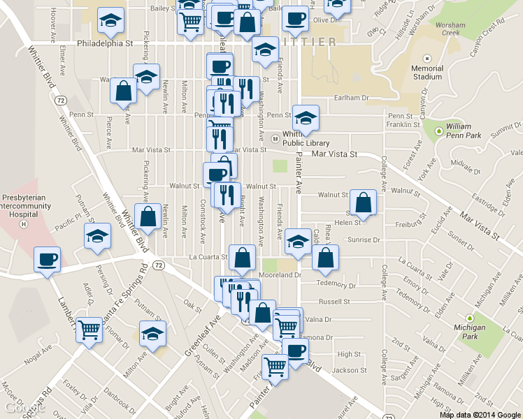 map of restaurants, bars, coffee shops, grocery stores, and more near 7739 Washington Ave in Whittier