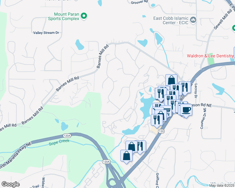 map of restaurants, bars, coffee shops, grocery stores, and more near 1911 Woodmont Court Northeast in Marietta
