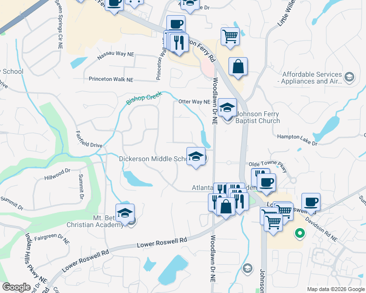 map of restaurants, bars, coffee shops, grocery stores, and more near 4524 Woodlawn Lake Drive in Marietta