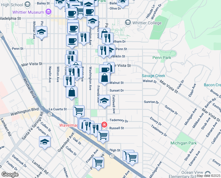 map of restaurants, bars, coffee shops, grocery stores, and more near 13407 Sunset Drive in Whittier