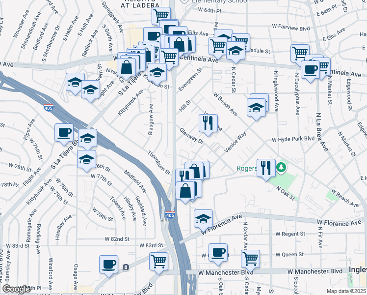 map of restaurants, bars, coffee shops, grocery stores, and more near 815 Flora Drive in Inglewood