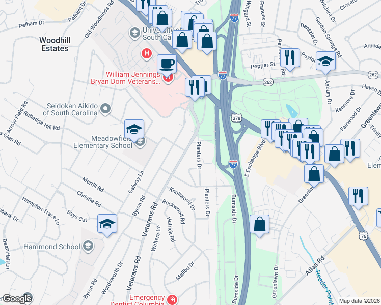 map of restaurants, bars, coffee shops, grocery stores, and more near 412 Veterans Road in Columbia