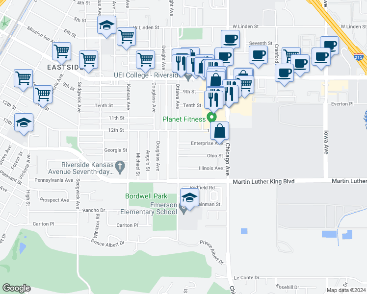map of restaurants, bars, coffee shops, grocery stores, and more near 1884 Enterprise Avenue in Riverside
