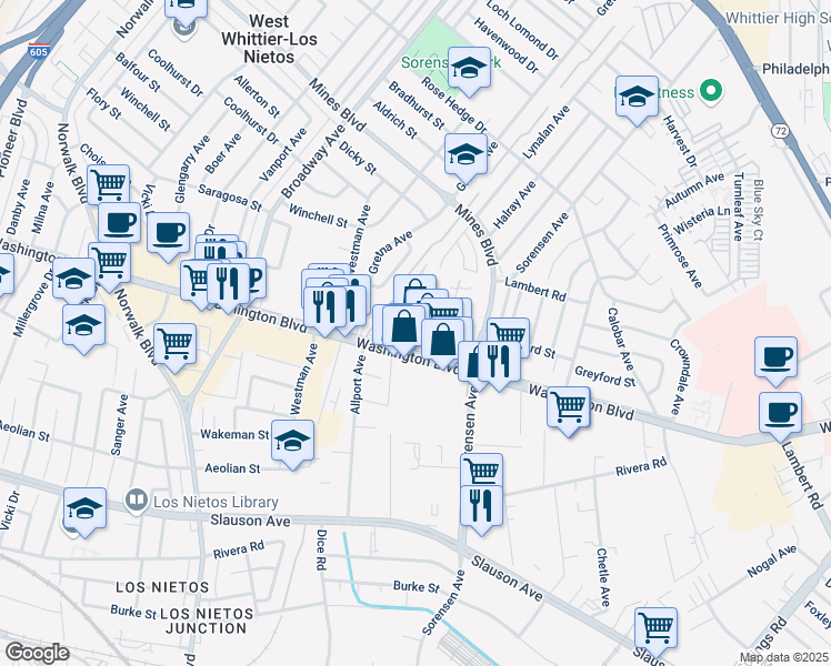 map of restaurants, bars, coffee shops, grocery stores, and more near 11715 Washington Blvd in Whittier