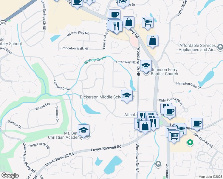 map of restaurants, bars, coffee shops, grocery stores, and more near 4506 Woodlawn Lake Drive in Marietta