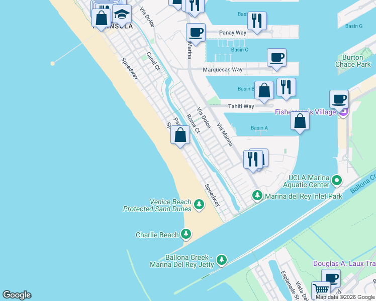 map of restaurants, bars, coffee shops, grocery stores, and more near 4707 Speedway in Marina del Rey