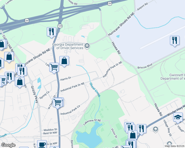 map of restaurants, bars, coffee shops, grocery stores, and more near 249 Harris Drive in Lawrenceville