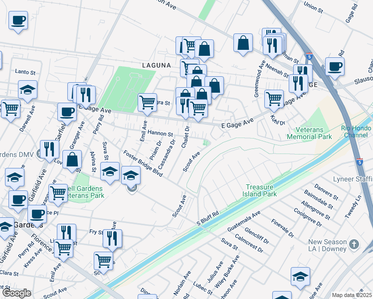 map of restaurants, bars, coffee shops, grocery stores, and more near 6530 Chalet Drive in Bell Gardens