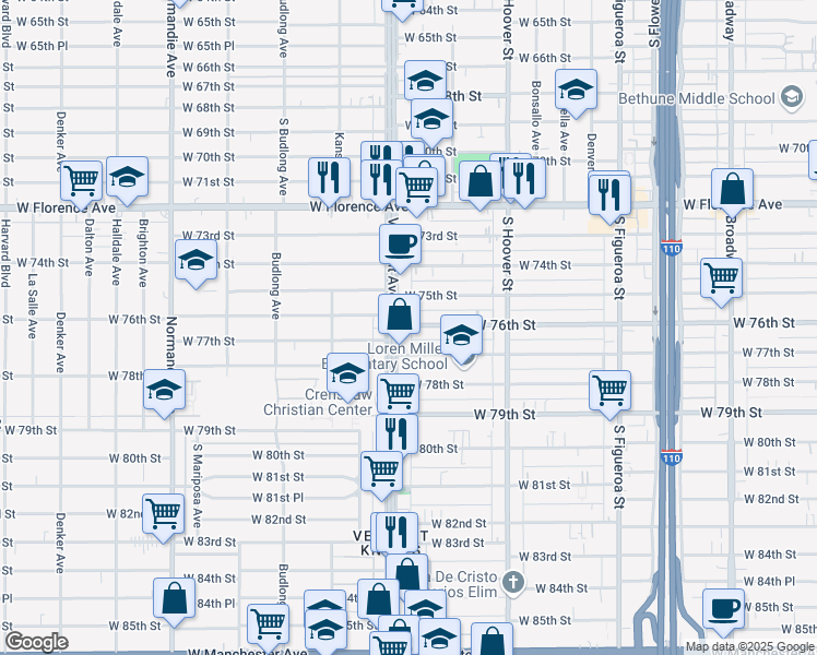 map of restaurants, bars, coffee shops, grocery stores, and more near 950 West 76th Street in Los Angeles