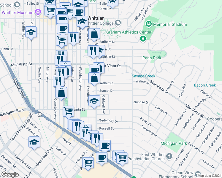 map of restaurants, bars, coffee shops, grocery stores, and more near 13601 Sunset Drive in Whittier