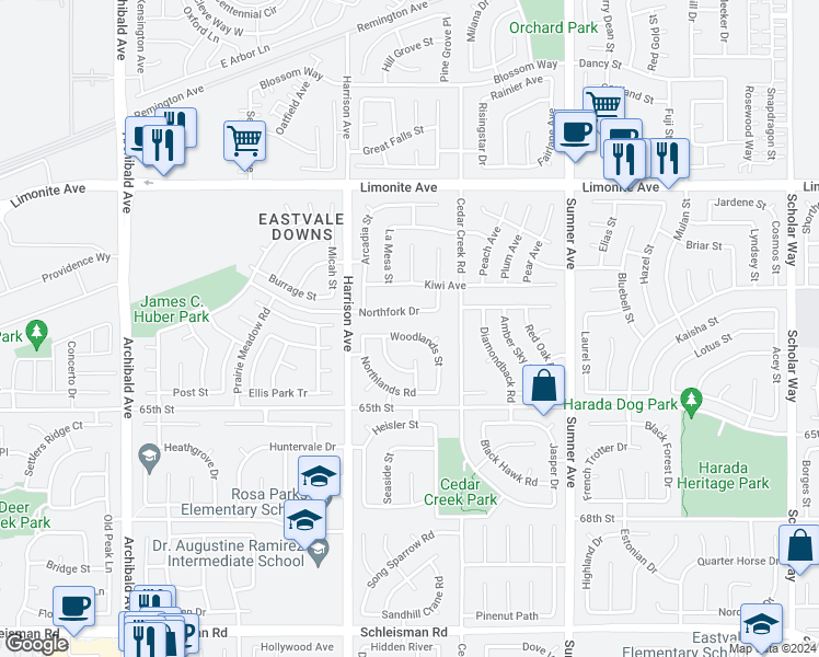 map of restaurants, bars, coffee shops, grocery stores, and more near 13714 Woodlands Street in Corona