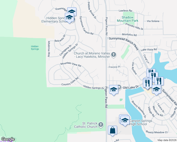 map of restaurants, bars, coffee shops, grocery stores, and more near 22860 Mountain View Road in Moreno Valley