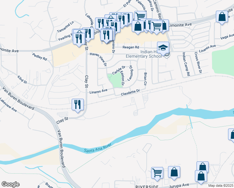 map of restaurants, bars, coffee shops, grocery stores, and more near 6492 Haven View Drive in Riverside