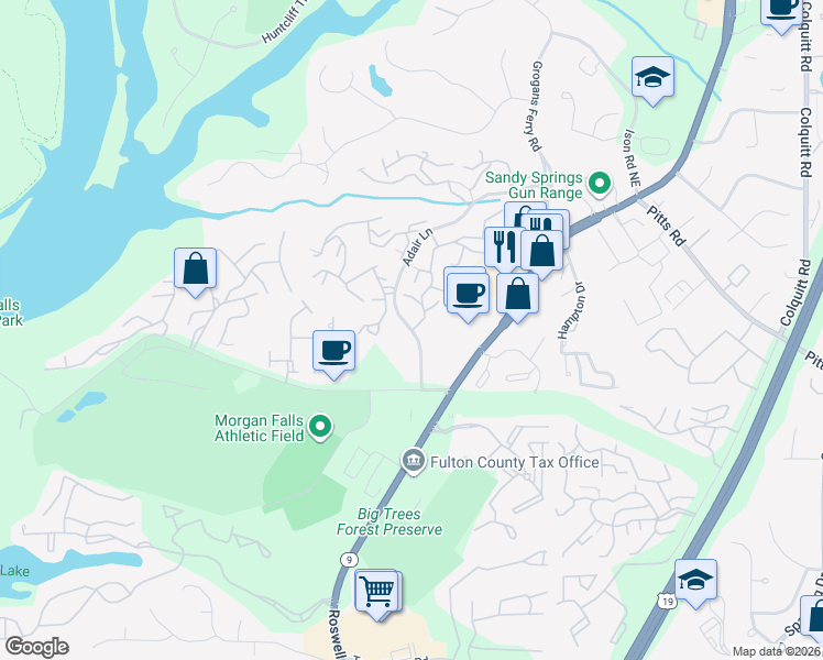 map of restaurants, bars, coffee shops, grocery stores, and more near 7877 Adair Lane in Sandy Springs