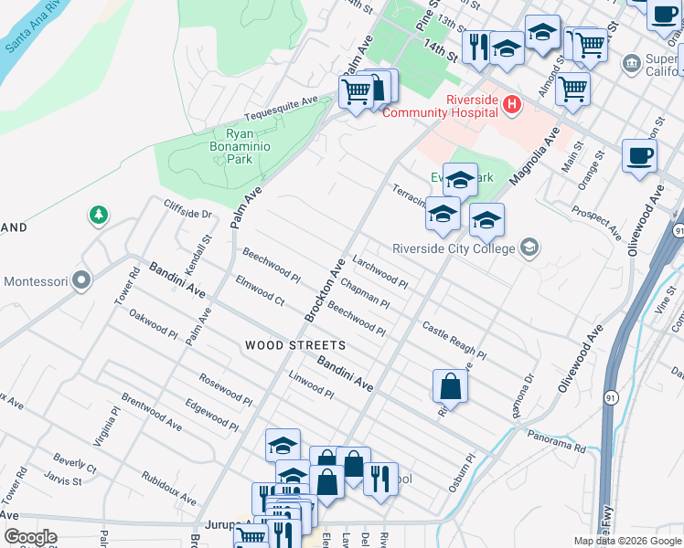 map of restaurants, bars, coffee shops, grocery stores, and more near 4085 Chapman Place in Riverside