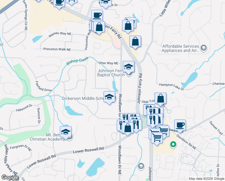 map of restaurants, bars, coffee shops, grocery stores, and more near 4549 Woodlawn Lake Drive in Marietta