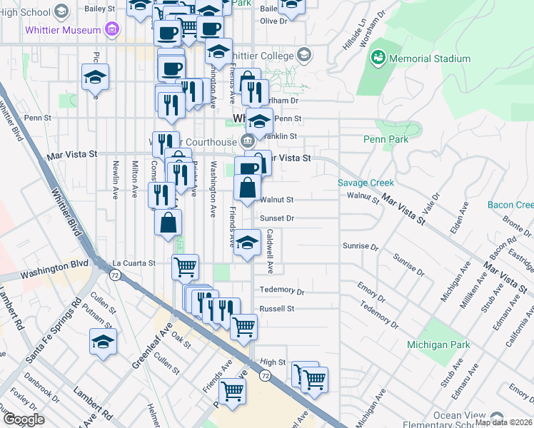 map of restaurants, bars, coffee shops, grocery stores, and more near 13421 Sunset Drive in Whittier