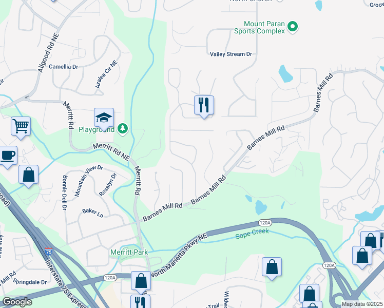 map of restaurants, bars, coffee shops, grocery stores, and more near 765 Soaring Circle Northeast in Marietta